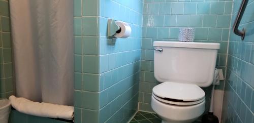 a blue tiled bathroom with a toilet and a shower at The Happy Hollow in Hot Springs