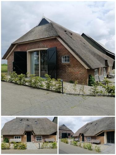 two pictures of a house with a thatched roof at Bissems Hofstede in Marle