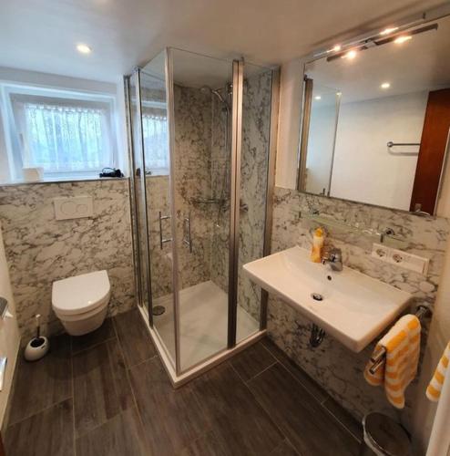 a bathroom with a shower and a sink and a toilet at Gästehaus Marlies in Hirschegg