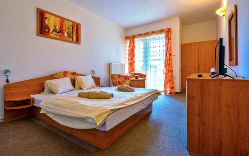 a bedroom with a large bed and a television at PENZIÓN QUATRO II 250m od kúpaliska in Podhájska