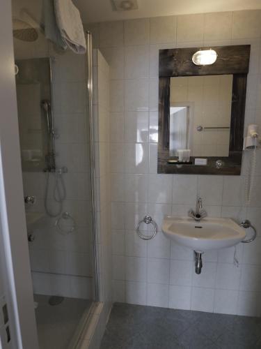 uma casa de banho com um lavatório, um chuveiro e um espelho. em Hotel Zuideinde em Nieuwkoop