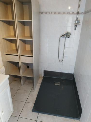 La salle de bains est pourvue d'une douche et d'un sol noir. dans l'établissement Maison au calme à la campagne dans le Quercy avec piscine et spa, à Bouloc
