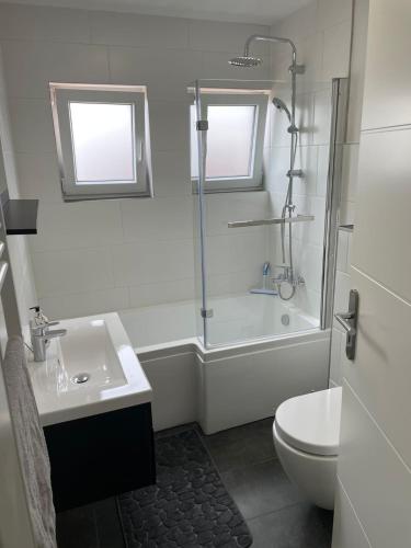 a bathroom with a shower and a sink and a toilet at Ferienhaus-Weitsicht in Sankt Wendel