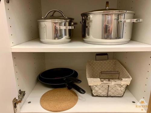 two pots and pans on a shelf in a kitchen at Rhein Apartment Souterrain Business in Vallendar