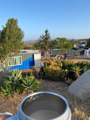 una taza de café frente a una casa en Ecovino Valle de Guadalupe, en Valle de Guadalupe
