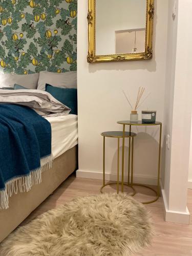 a bedroom with a bed with a mirror and a rug at Number 9. in Szeged