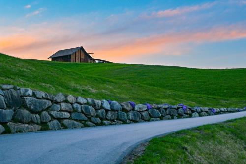 a road with a stone wall and a building on a hill at Bellevue Apartments in Bürserberg