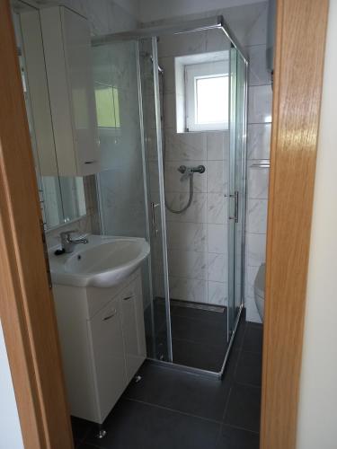 Un baño con ducha de cristal y lavabo. en House Mia, en Starigrad-Paklenica