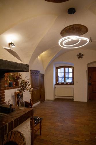 a large room with a fireplace and a ceiling at Hotel Svambersky dum in Český Krumlov