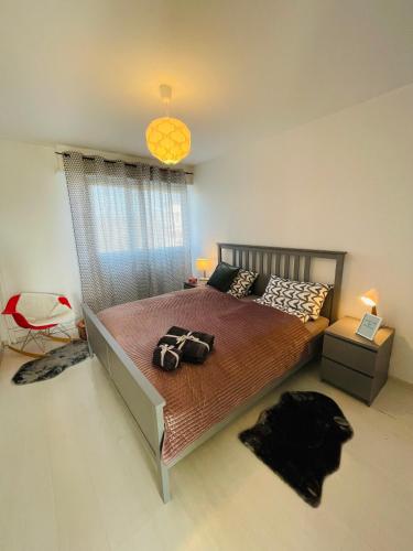 - une chambre avec un grand lit et un couvre-lit marron dans l'établissement SunnyF2- EuroAiport-Basel-TrainStation-CityCenter, à Saint-Louis