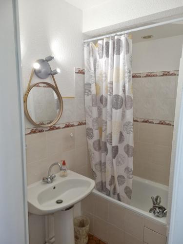 bagno con lavandino e tenda doccia di Appartement avec vue exceptionnelle sur la marina a Saint-Cyprien