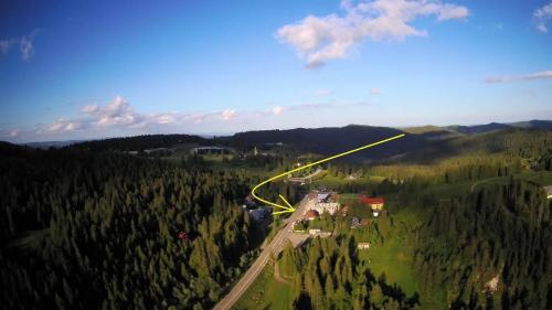 an aerial view of a house in the middle of a forest at Ferienwohnung auf 1233m am Feldberg nur 20m zur Skilift/-piste, Wanderwegen und Bus in Feldberg