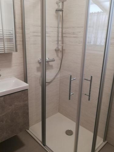 a shower with a glass door next to a sink at Ferienwohnung Bradsch in Ilmenau