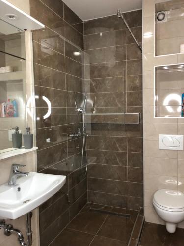 Un baño con ducha, inodoro y lavabo. en Apartman Mia, en Pale
