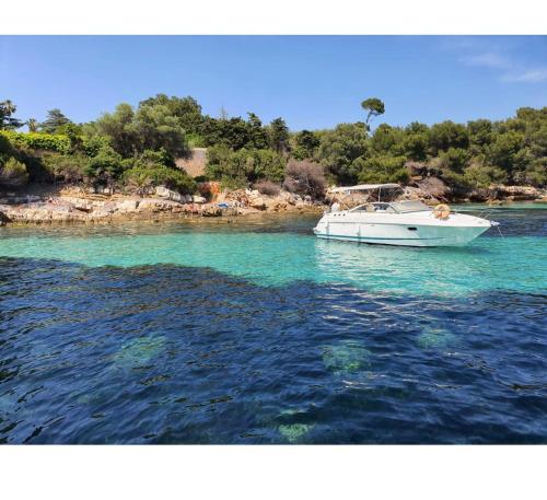 un bateau blanc flottant dans l'eau dans l'établissement T2 A/C côte d'Azur, piscine, plage á 350m, WIFI, à Vallauris