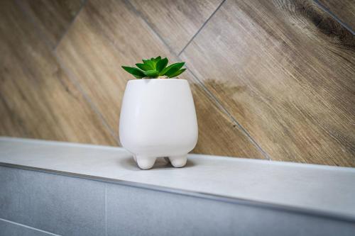 a white vase with a plant in it on a shelf at Apartamenty Hyrczyk in Ząb
