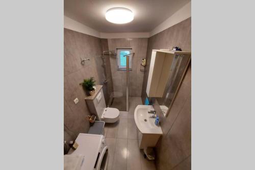 ein Bad mit einem Waschbecken, einer Dusche und einem WC in der Unterkunft Vrlika, Peruća Lake Holiday House in Vrlika
