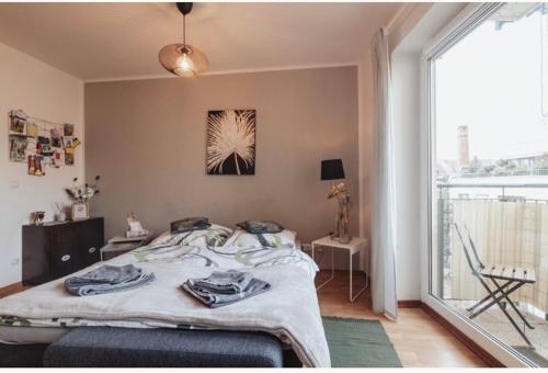 a bedroom with a bed and a large window at Die kleine „Louise“ in der Neustadt mit Tiefgarage in Dresden