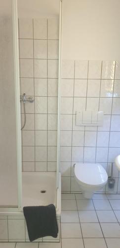 uma casa de banho com um chuveiro, um WC e um lavatório. em Möblierte Wohnung auf Zeit em Mühlhausen