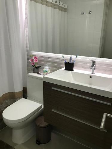a bathroom with a sink and a toilet and a mirror at Galardon AyC in Concepción