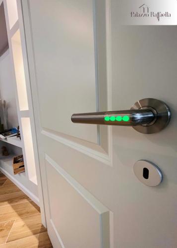 a door with a green door handle on it at Palazzo Raffaella Casa vacanze in Castel SantʼElia