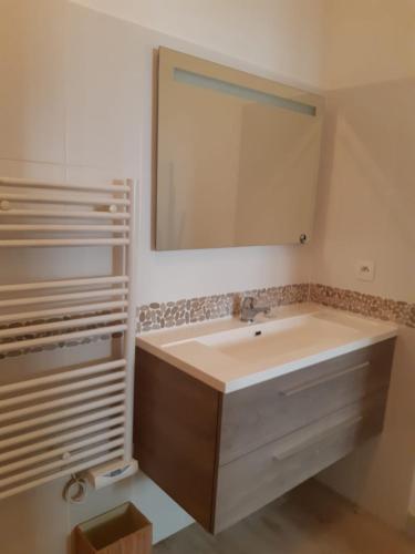 une salle de bain avec un lavabo et un miroir dans l'établissement Le jardin de l'horloge, à La Rochelle