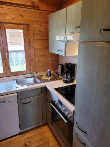 a small kitchen with a stove and a sink at Blockhäuser Stamsried in Stamsried