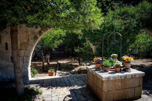 a garden with potted plants on a stone wall at Antica Casina B&B di Charme in Pulsano