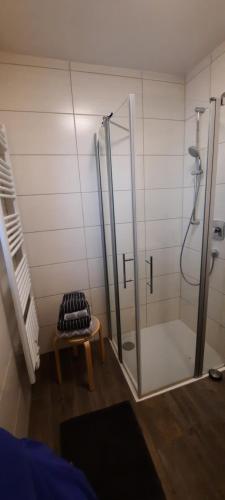 Sarto di Casa في Muhr amSee: حمام مع دش زجاجي مع مقعد ومقعد
