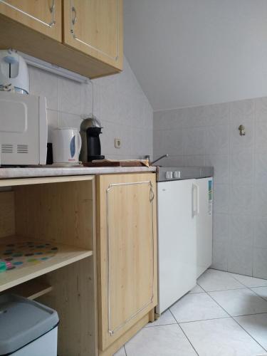 a kitchen with a white refrigerator and a microwave at Manor Villa in Hévíz