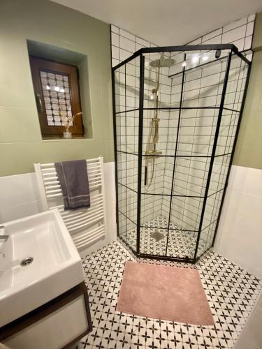 a bathroom with a shower with a sink and a toilet at Stag house - Jeleni dom in Smižany