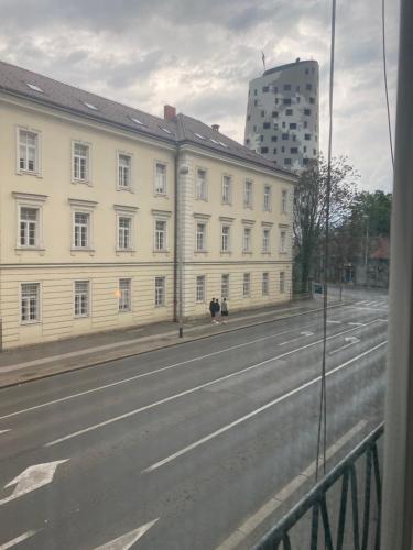 a view from a window of a street with a building at Apartment PM in Zagreb