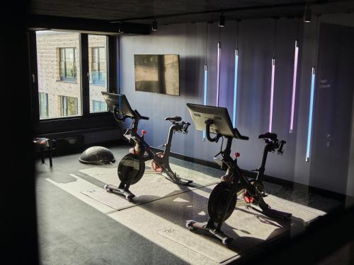 a gym with three exercise bikes in a room at Urban Nature St Peter-Ording in Sankt Peter-Ording