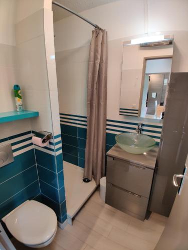une salle de bain avec un lavabo, des toilettes et une douche dans l'établissement Location Pra-Loup Vacances à 1500, à Pra-Loup