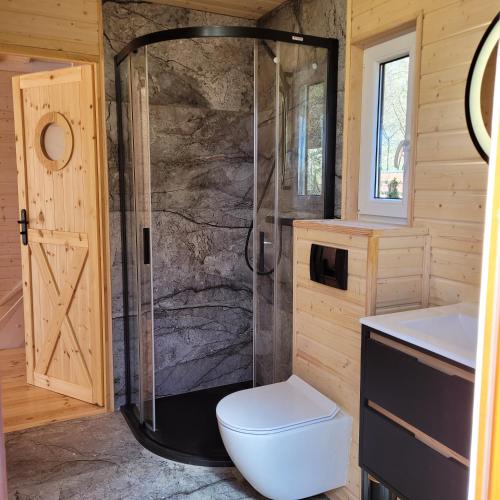 a bathroom with a shower with a toilet and a sink at Domek Lubkowo z widokiem in Lubkowo