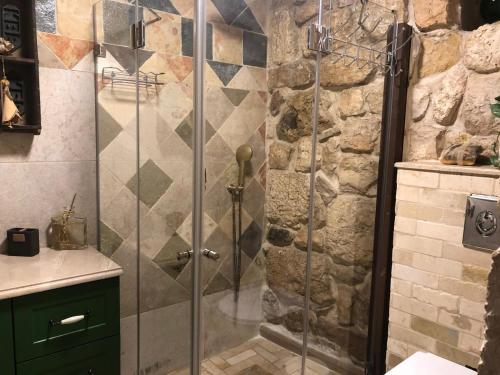 a shower with a glass door in a bathroom at Chateau du Roi in Mi‘ilyā