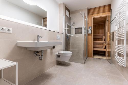 La salle de bains est pourvue d'un lavabo, de toilettes et d'une douche. dans l'établissement App 20, Strandresidenz Dünenperle, à Kühlungsborn