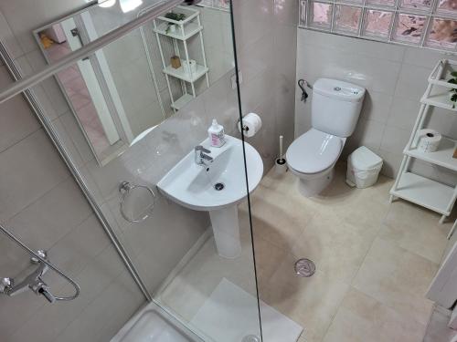 un bagno con doccia, WC e lavandino di Isabel3 a Tías