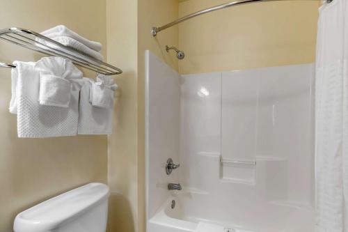 een badkamer met een wit toilet en een douche bij Quality Inn & Suites Wellington – Fort Collins in Wellington