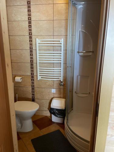 a small bathroom with a toilet and a shower at Kurėnų Užeigos Svečių Namai in Kurėnai