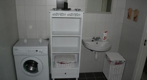 een kleine badkamer met een wasmachine en een wastafel bij Kotkapoja Residence in Kuressaare
