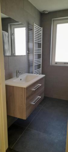 y baño con lavabo y espejo. en Vakantiehuis 6pers op park 't Broeckhuys in Ewijk groot Zwemplas in het land van Maas & Waal niet voor arbeidsmigranten, en Ewijk