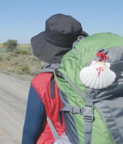 a person with a green backpack on a road at Paraiso del Bierzo in Las Herrerías