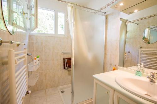 une salle de bain avec un lavabo et une douche dans l'établissement CHEZ MICHEL ET FABIENNE, à Sarlat-la-Canéda