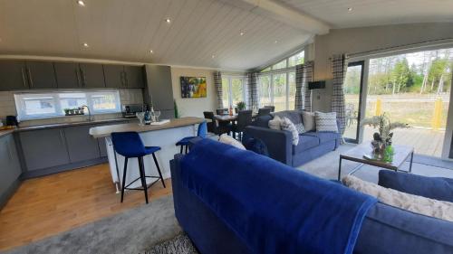 a living room with blue couches and a kitchen at Hollicarrs - Lilypad Lodge in Riccall