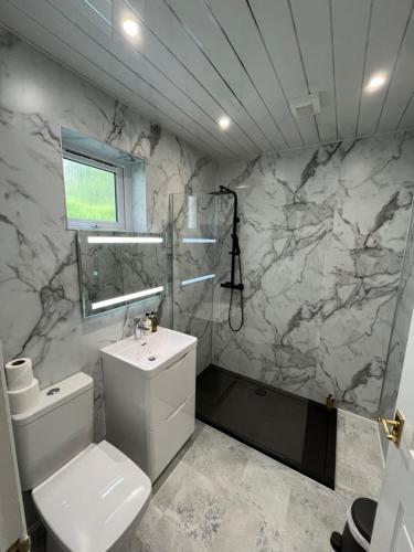 a bathroom with a white toilet and a sink at Witchwood House in Oban