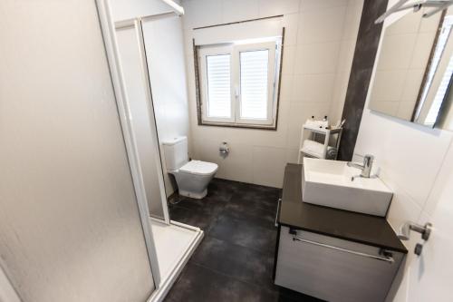 La salle de bains est pourvue d'un lavabo et de toilettes. dans l'établissement Apartamentos en Leis Muxia, à Leis