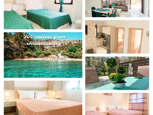 a collage of photos with a hotel room and a pool at Chrisella Villa in Skala Rachoniou