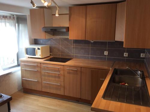 une cuisine avec un évier et un micro-ondes dans l'établissement Les papillons, à Dieffenthal