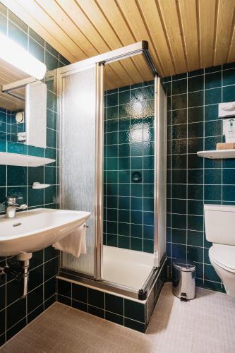 a bathroom with a shower and a sink and a toilet at Heimspitze - Alpenhotel & Wirtshaus in Gargellen